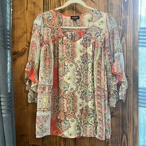 GiGiO paisley patchwork ruffled blouse with tassel tie and ruffle sleeve